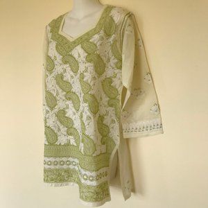 Dupatta House Embroidered Kurti Tunic Top Green Paisley Cotton NWT